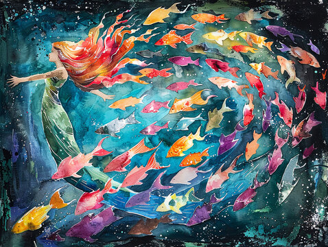 watercolor Whimsical mermaid in a vibrant dynamic underwater garden