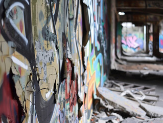 Fototapeta na wymiar Destroyed wall. graffiti on the wall