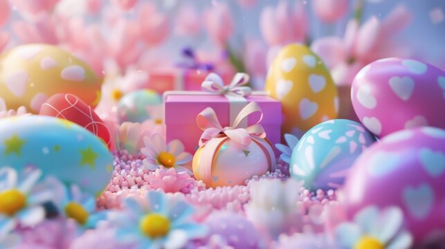 Whimsical Easter-themed image with heart-patterned eggs among fantasy flowers and gifts