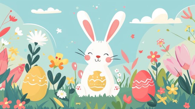 An adorable cartoon illustration showing a joyful bunny with Easter eggs in a vibrant spring environment, perfect for festive themes