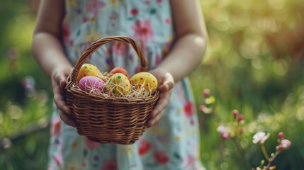 A youthful individual cradles a basket of vividly decorated Easter eggs among flowering plants