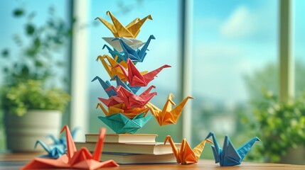 A stack of colorful origami cranes takes flight from a banker's desk symbolizing financial freedom and boundless possibilities.