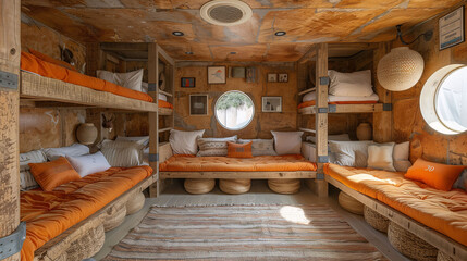 Cozy wooden cabin interior with bunk beds and round window, rustic design with warm lighting.