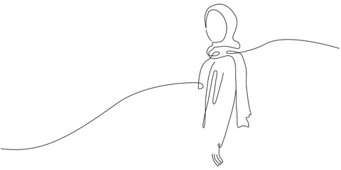 Vector illustration of woman wear hijab in one line style. Women wearing hijab scarf continuous one line drawing muslim figure illustration