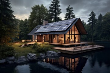 Fototapeta na wymiar Modern technological smart house in the forest with solar panels on the roof
