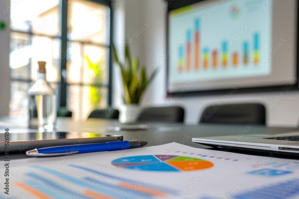 Poster A focused image of a workstation with graphs on the screen suggests a business environment or finance