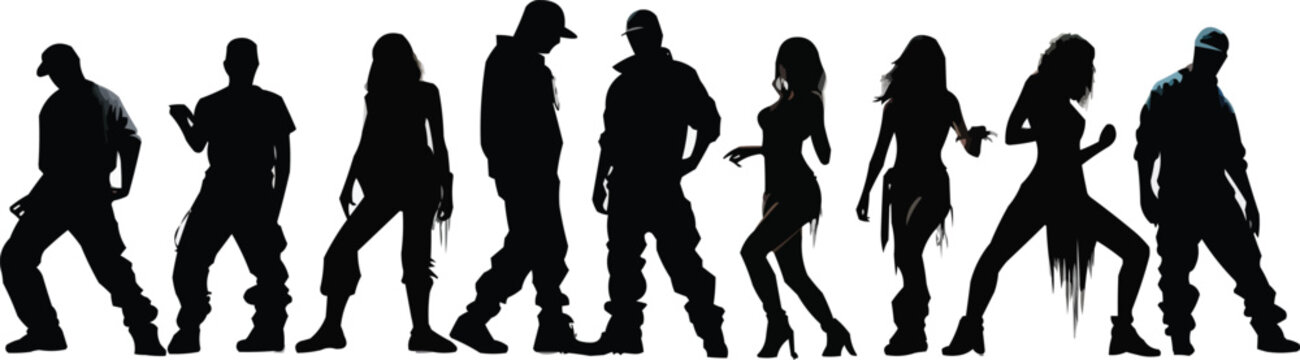Hip Hop Dancers Silhouettes,Vector illustration. Hip hop dancer silhouette,juzz funk or street dance vector silhouette,Big set of poses,house dance lettering Dance on white background,