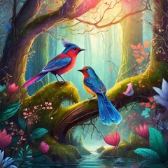 Birds in a Magical Fantasy Forest. Nature and wildlife concept illustration