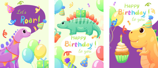 Set of cards, birthday banners, birthday invitations with dinosaurs, balloons and confetti. Dinosaurs that smile and say roar.