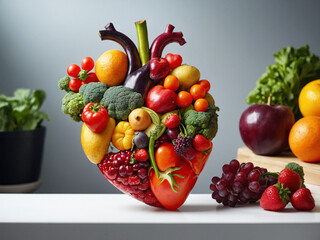 Eine große Menge Früchte, Obst und Gemüse liegen auf einem Tisch und formen ein menschliches Herz, Symbol für Herzgesundheit