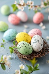 Obraz na płótnie Canvas Vibrant Easter eggs in hues adorned with speckles resting in a bird's nest surrounded by seasonal blossoms