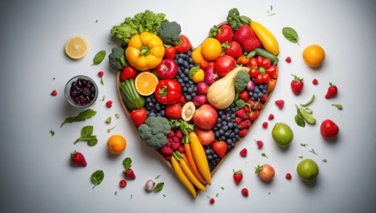 Eine große Menge Früchte, Obst und Gemüse liegen auf einem Tisch und formen ein menschliches Herz