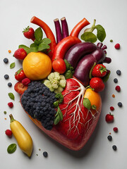 Eine große Menge Früchte, Obst und Gemüse liegen auf einem Tisch und formen ein menschliches Herz, Symbol für Herzgesundheit - obrazy, fototapety, plakaty