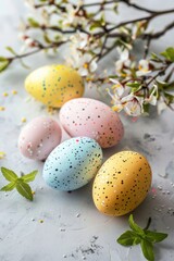 Fototapeta premium Boldly colored Easter eggs accented with dots set against a backdrop of fresh spring leaves and flowers
