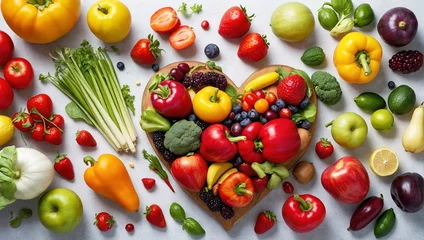 Foto op Plexiglas Eine große Menge Früchte, Obst und Gemüse liegen auf einem Tisch und formen ein menschliches Herz © pit24
