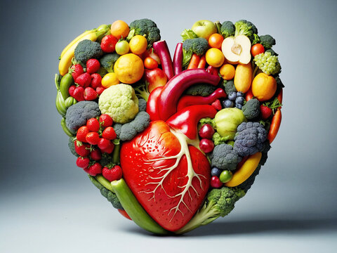 Eine gro&szlig;e Menge Fr&uuml;chte, Obst und Gem&uuml;se liegen auf einem Tisch und formen ein menschliches Herz, Symbol f&uuml;r Herzgesundheit