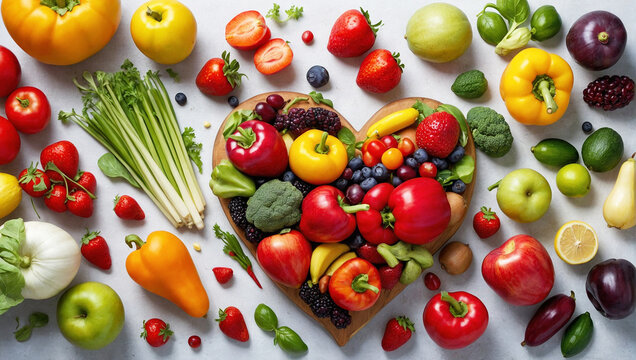 Eine gro&szlig;e Menge Fr&uuml;chte, Obst und Gem&uuml;se liegen auf einem Tisch und formen ein menschliches Herz