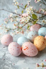 Naklejka na ściany i meble A vibrant display of pastel colored Easter eggs with delicate spring flowers creating an inviting seasonal composition