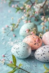 Soft pastel Easter eggs adorned with speckles and surrounded by spring flowers and matching candies