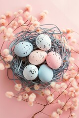 Naklejka na ściany i meble Speckled Easter eggs in shades of pink and blue positioned in a nest made of wire and surrounded by fluffy decorations