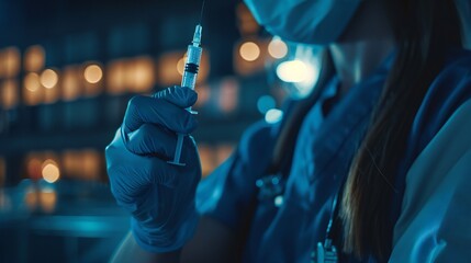 Close-up image of a nurse holding a syringe with a needle. - Powered by Adobe