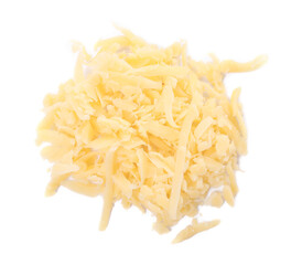 Pile of tasty grated cheese isolated on white, top view