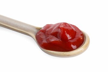 Spoon with tasty ketchup isolated on white. Tomato sauce