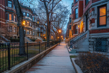 Obraz premium Artistic Row of Crimson and Azure Townhouses on Sidewalk Gen AI