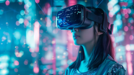 An Asian woman wearing a VR headset stands in front of a high technology background, woman with...