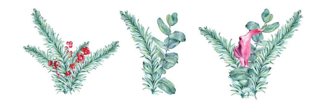 Watercolor winter bouquets. Hand-drawn conifer, eucalyptus leaves and alex berries branches with pink calla flowers. Christmas Manual illustrations set, traditional technique. Isolated on transparent.