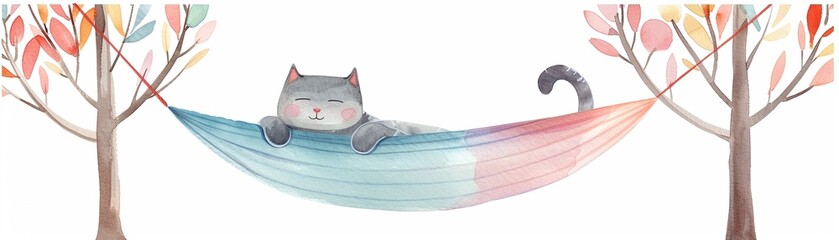A cute minimal watercolor portrait of a chubby cat lounging in a vibrant