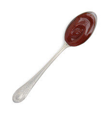 Tasty barbecue sauce in spoon isolated on white, top view