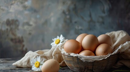 raw organic farm eggs arranged artfully, with ample copy space for branding or messaging, in a realistic photograph.