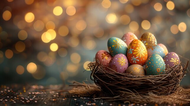 This captivating image features a nest overflowing with richly decorated, hand-painted Easter eggs against an enchanting bokeh background