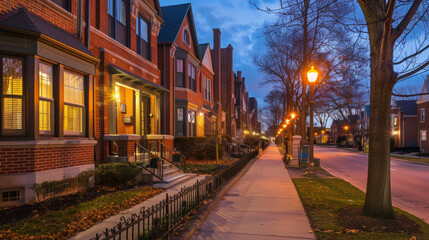 Fototapeta na wymiar Artistic Row of Crimson and Azure Townhouses in Chicago Style Gen AI