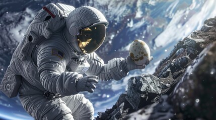 A highly detailed image showing an astronaut in a spacesuit, holding a patterned Easter egg against the cosmos