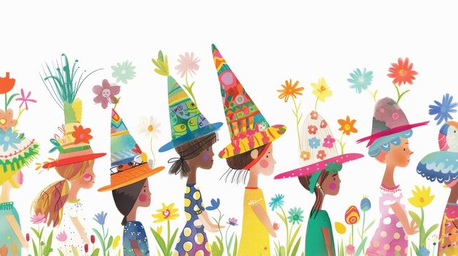 A vibrant and joyful depiction of various children wearing whimsical hats and carrying flowers in a parade