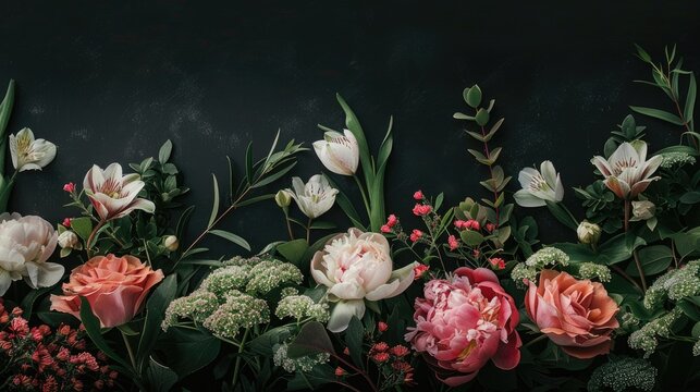 peonies, roses, tulips, lilies, and hydrangeas arranged against a striking black background, leaving plenty of empty space for text or graphics in a realistic photograph.