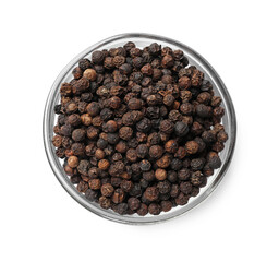 Aromatic spice. Many black peppercorns in bowl isolated on white, top view