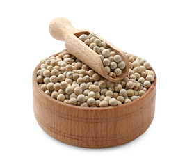 Aromatic spice. Many peppercorns in bowl and scoop isolated on white
