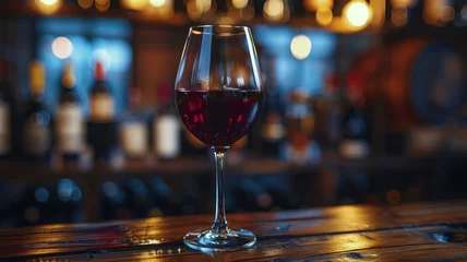 Fotobehang Red wine glass in sharp focus with a warm, bokeh background © maniacvector