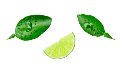 Top view set of green lemon fruit in slice or quarter shape with leaves isolated on white background with clipping path