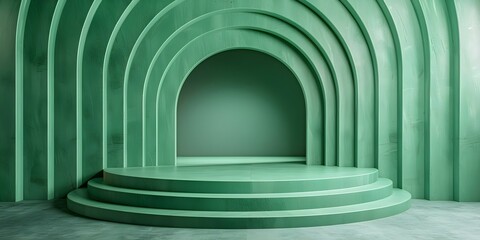 3D studio stage with green podium abstract pastel wall background render. Concept 3D Renders, Studio Stage, Green Podium, Abstract Pastel Wall, Background