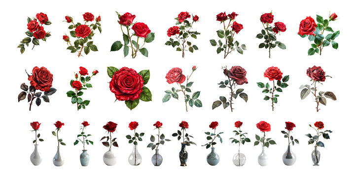 3D Rendering Pack of a Red Rose Flower on Transparent Background - Ai Generated