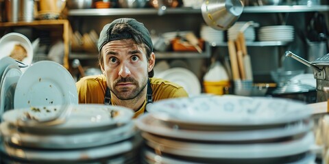 Kitchen worker staring at a mountain of dirty dishes, a close-up showing the overwhelming feeling ,...