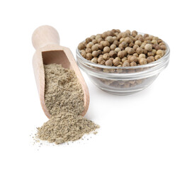 Aromatic spice. Ground and whole pepper in dishware isolated on white