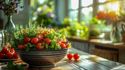 Obraz na płótnie Canvas A bowl of tomatoes and lettuce is on a wooden table