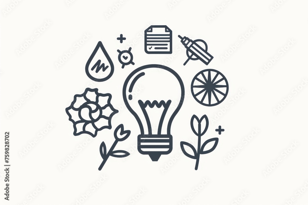 Poster line drawing of an artistic lightbulb surrounded by symbols representing nature and creativity