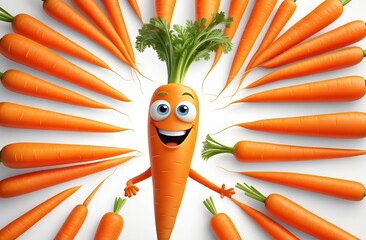 Illustration of cheerful, smiling cartoon carrot surrounded by carrots on white background, healthy eating concept, diet
