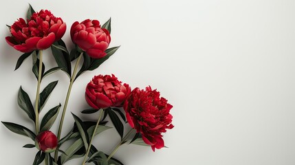 white, red, or pink peonies against a clean white background, leaving ample space for text or graphic elements in a realistic photograph.